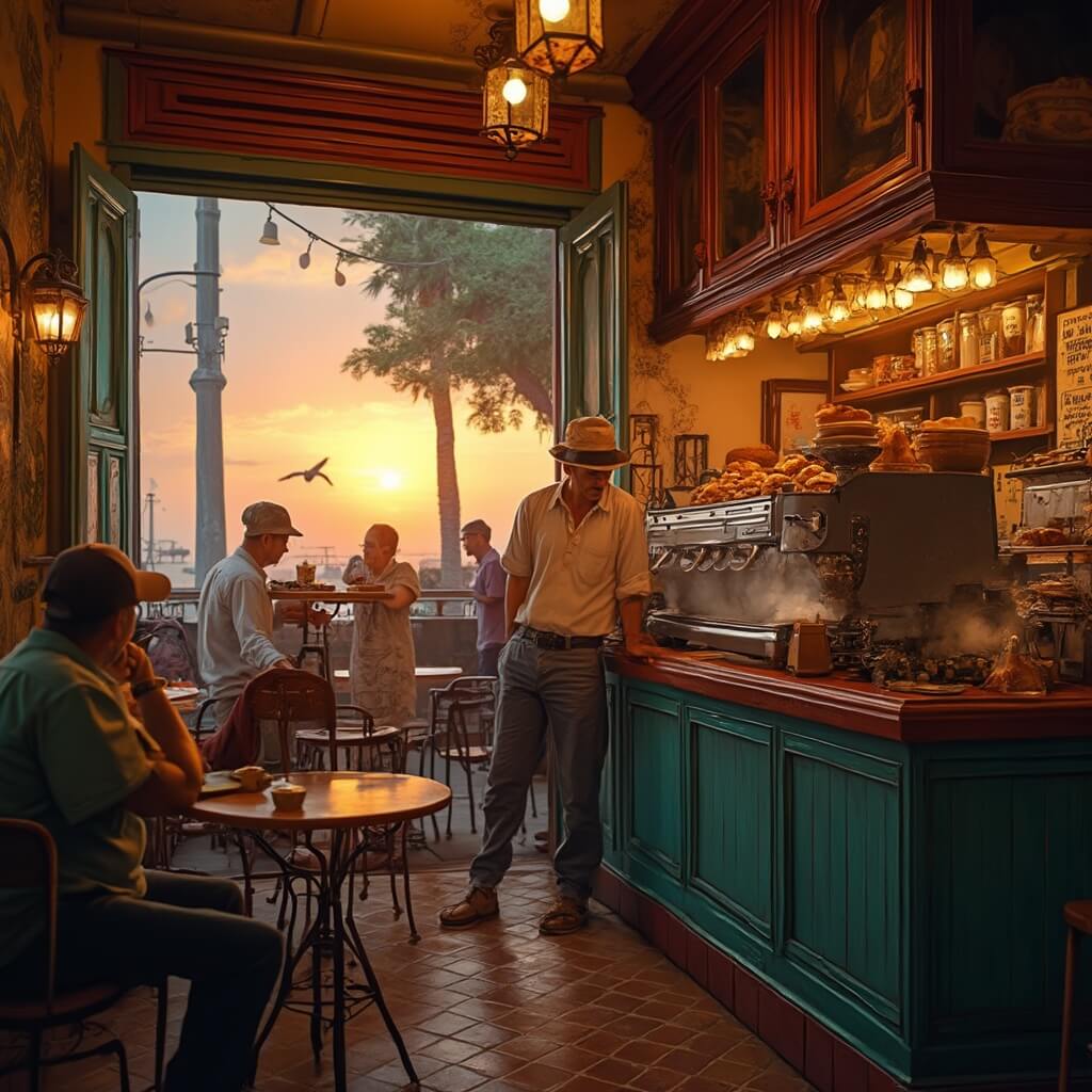 Discover Hidden Gems: Why Hialeah is Miami's Most Underrated Playground Golden sunset over a colorful Cuban ventanita with steam rising from espresso machines, local patrons at small tables, wooden counter, traditional tiles, and glass cases of pastries