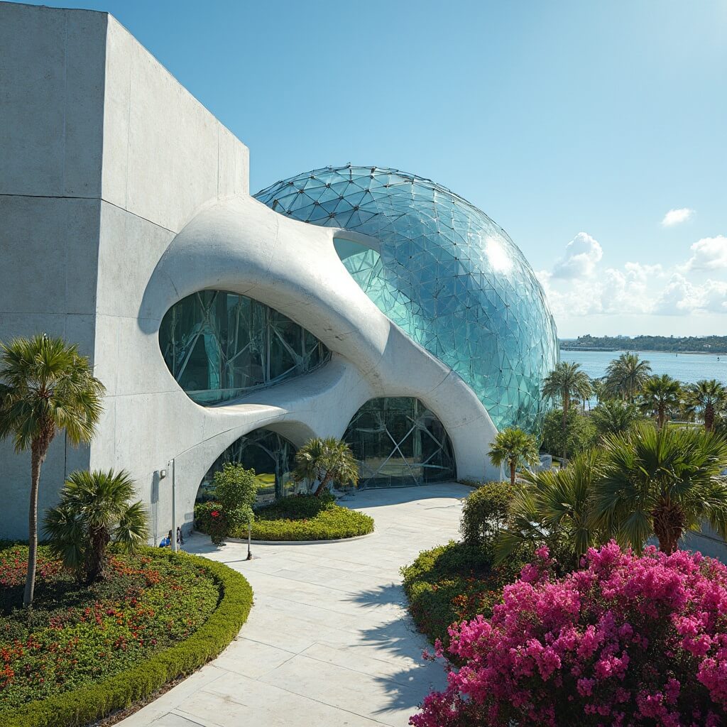 St. Petersburg in March: Two Cities, Worlds Apart Sunlit Salvador Dali Museum exterior with triangular glass panels, set against tropical landscaping and Tampa Bay backdrop.