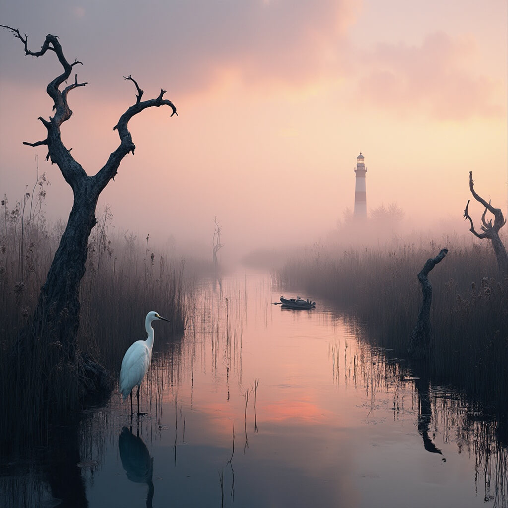 Uncover the Hidden Gem of Florida: Cedar Key's Unmissable Adventures and Secret Spots Dawn over a coastal marsh with silhouetted egret, mangrove trees, sea grasses, a distant lighthouse, and a kayak navigating the water channels in morning mist