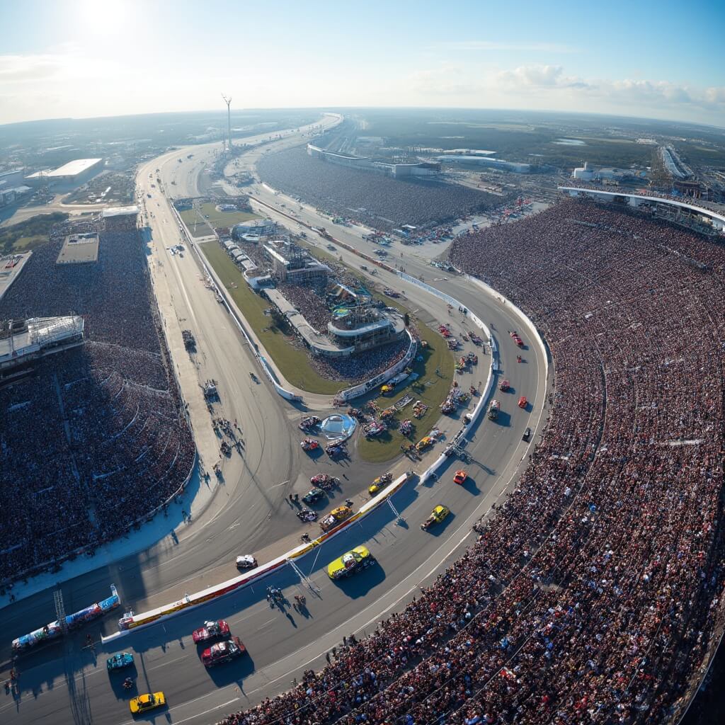 Daytona Beach in February: Your Ultimate Insider's Guide to Florida's Winter Playground Aerial view of Daytona 500 race at Daytona International Speedway with colorful NASCAR vehicles, bustling pit crews, and grandstands filled with spectators under the bright Florida sun.