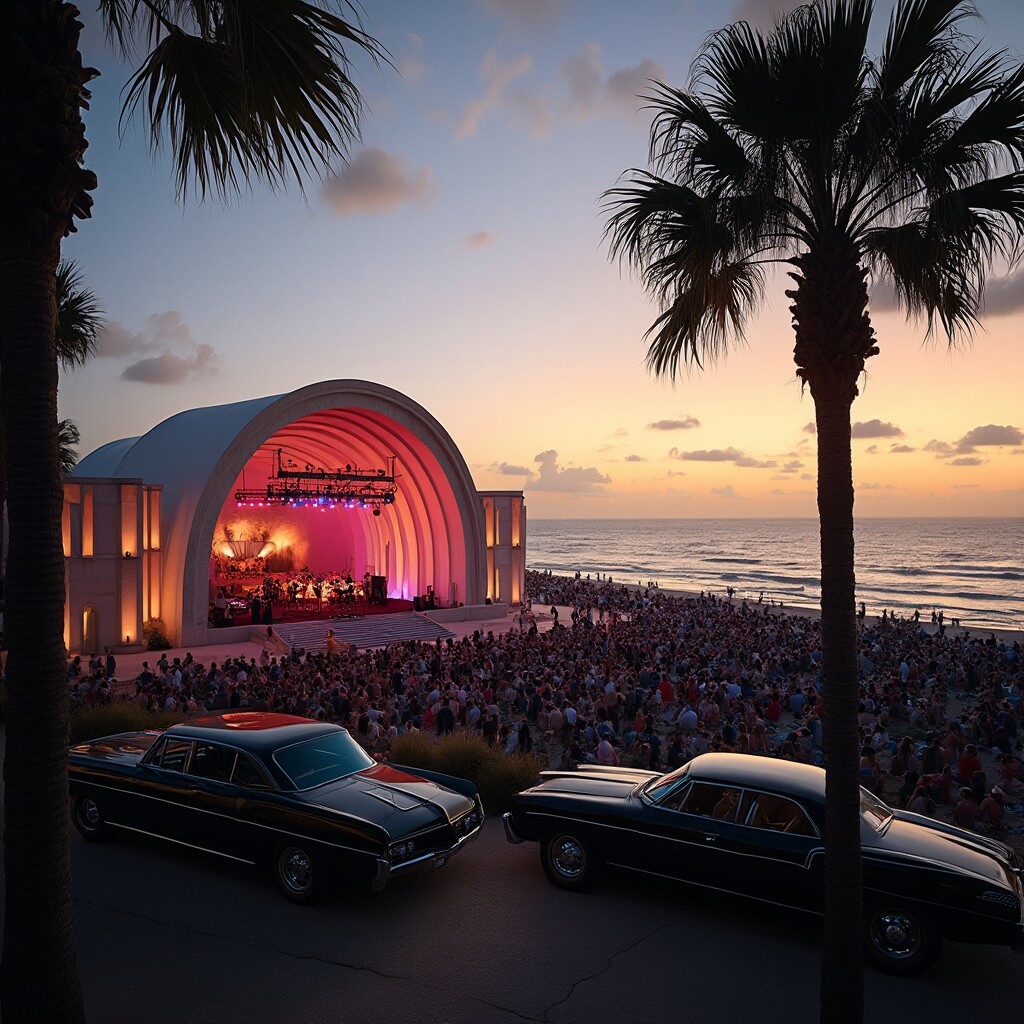 Daytona Beach in April: Your Ultimate Sun-Soaked Adventure Guide (Without the Tourist Traps!) Evening concert at illuminated Daytona Beach Bandshell with diverse crowd, Atlantic Ocean backdrop, sunset, palm tree silhouettes, and classic cars in the foreground.