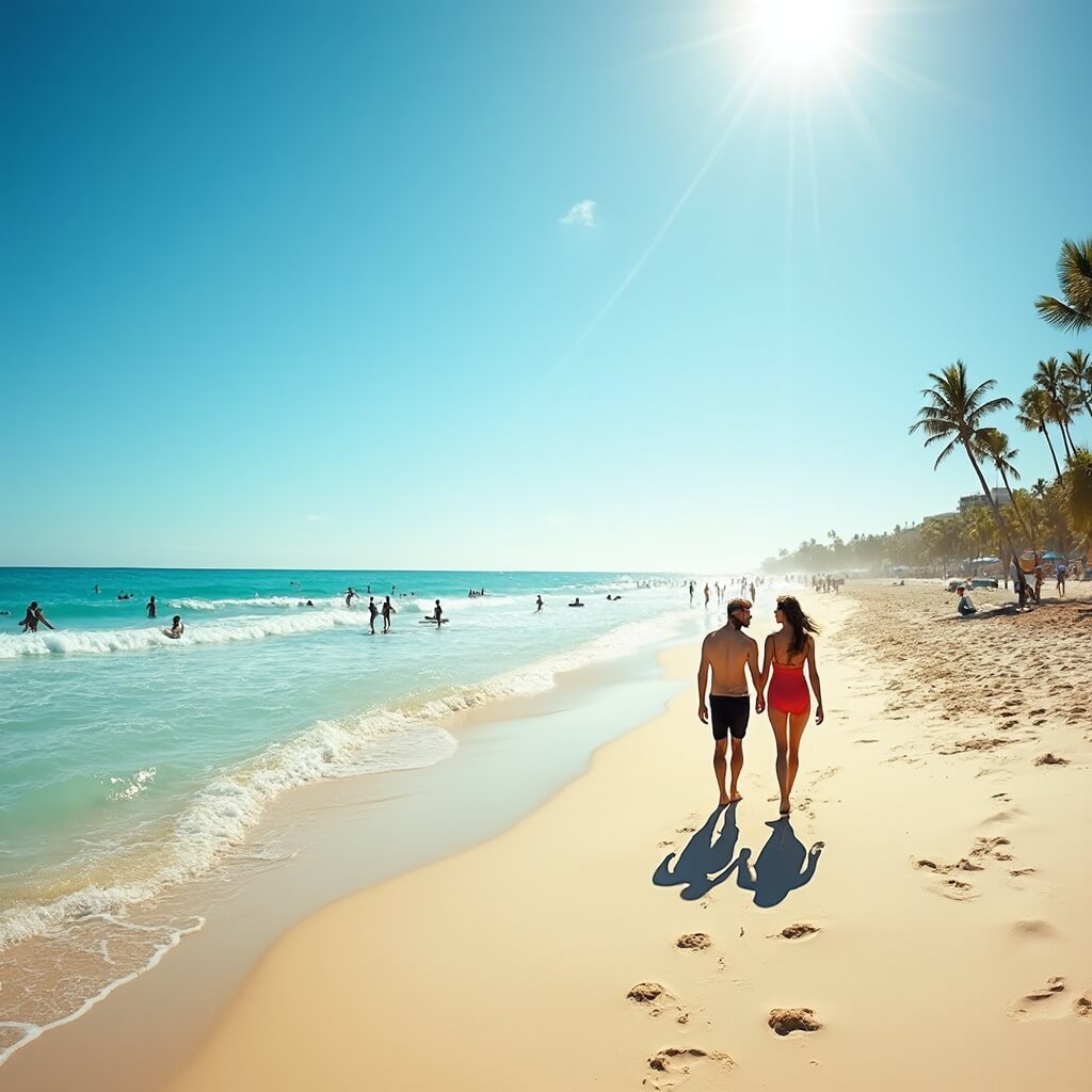 A couple strolling on a sunny Daytona Beach in October with sparse beachgoers, paddleboarders, surfers, palm trees and a clear blue sky meeting the turquoise ocean.