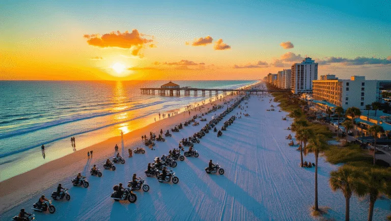 Why Daytona Beach in March is Your Ultimate Travel Hack "Aerial view of Daytona Beach at sunset during March, with motorcycles along the sand, spring break crowds on shore, the Daytona Beach Pier extending into the sea, Daytona International Speedway in the background, and beachfront hotels illuminating their neon signs."