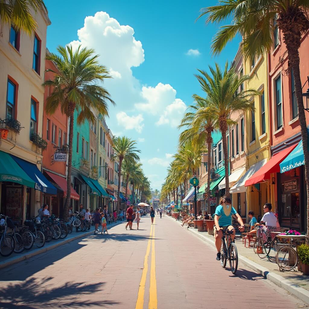 Why Daytona Beach in March is Your Ultimate Travel Hack Downtown Daytona Beach street scene in daytime featuring colorful local shops, cafes, parked bicycles, pedestrians, tropical Florida architecture, under bright sunshine, depicting a lively yet relaxed atmosphere.