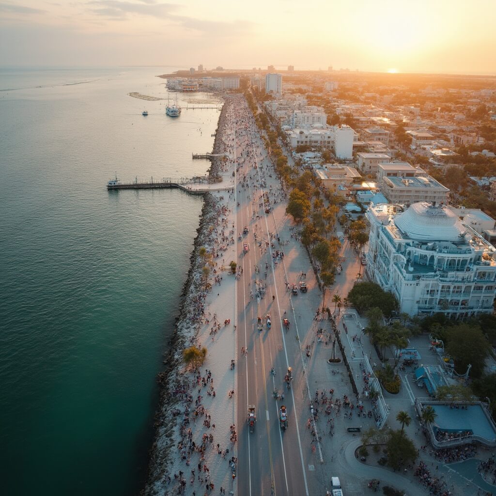 Why Daytona Beach is Your Secret Winter Escape (That Most Tourists Don't Know About) Aerial view of Daytona Beach riverfront esplanade at golden hour, showcasing waterfront architecture, tourists, and urban design