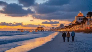 Why Daytona Beach is Your Secret Winter Escape (That Most Tourists Don't Know About) "Daytona Beach at dusk in December, with Christmas lights on beachfront buildings and palm trees, beachgoers on shoreline, holiday decorated boats and Daytona Beach Pier in the background"