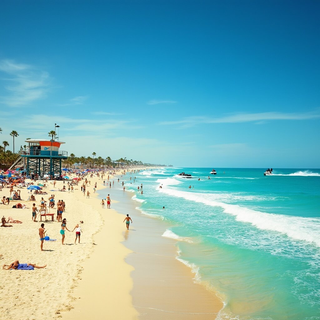 Sun-drenched Daytona Beach in March with families and spring breakers enjoying the golden sand and turquoise water, jet skiers in the distance, palm trees lining the shore, and a lifeguard tower watching over the scene.