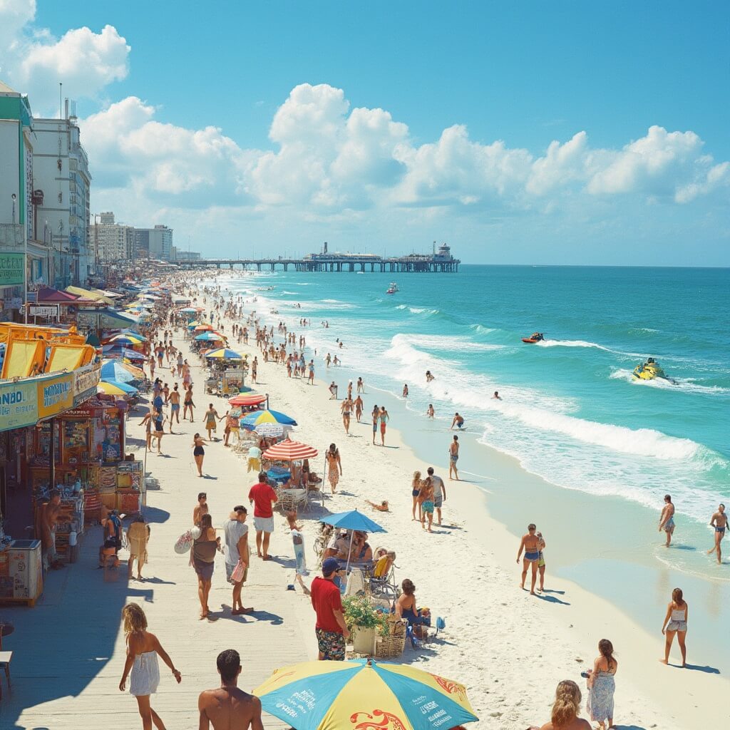Families enjoying a sunny day at Daytona Beach with vibrant beach umbrellas on the shore, jet skis in the sparkling Atlantic waves, and the iconic Daytona Beach Pier in the distance.