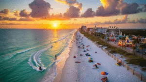 Sizzling Secrets Unveiled: Why Daytona Beach in June Will Blow Your Mind (and Possibly Your Sunscreen) "Aerial view of Daytona Beach boardwalk and golden sands during a June sunset with beachgoers, surfers, jet skiers, and fishers, under looming cumulus clouds indicating an upcoming thunderstorm."