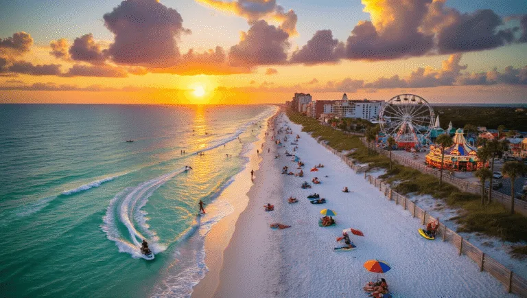 Sizzling Secrets Unveiled: Why Daytona Beach in June Will Blow Your Mind (and Possibly Your Sunscreen) "Aerial view of Daytona Beach boardwalk and golden sands during a June sunset with beachgoers, surfers, jet skiers, and fishers, under looming cumulus clouds indicating an upcoming thunderstorm."