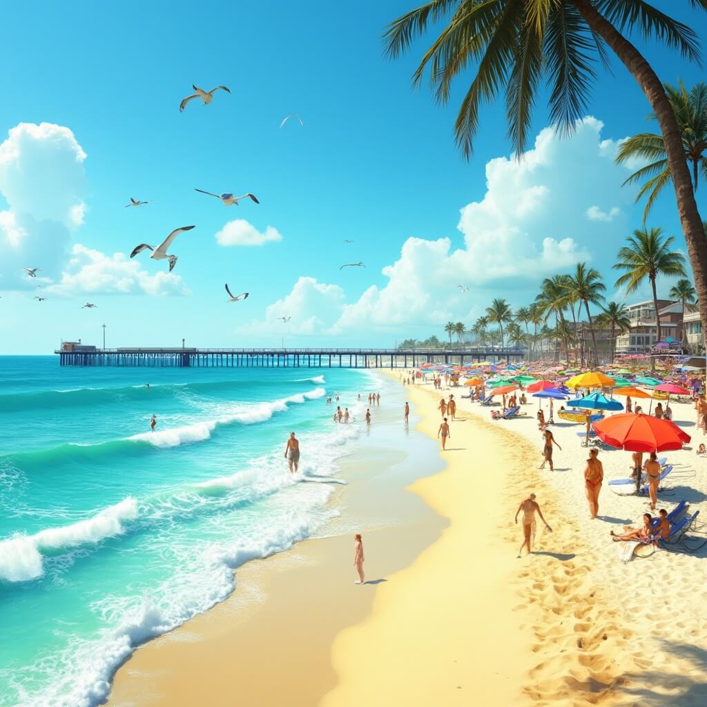 Daytona Beach scene in April with golden sands, turquoise waters, swaying palm trees, beachgoers engaged in various activities, iconic pier, flying seagulls and colorful umbrellas in the distance