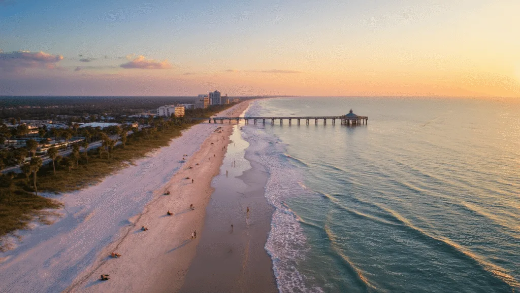 "Panoramic sunrise over Daytona Beach showcasing pristine coastline, palm trees, Daytona Beach Pier, and distant Daytona International Speedway"