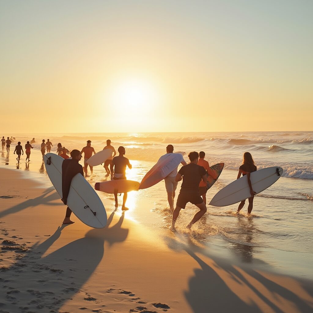 Sizzling Summer Secrets: Why Daytona Beach in July Will Blow Your Mind (No Sunburn Guarantee!) Fitness enthusiasts and professional surfers preparing for the day at sunrise on Daytona Beach, with blue waves, soft sand, and long shadows created by the golden morning light