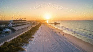 Daytona Beach in February: Your Ultimate Insider's Guide to Florida's Winter Playground "Aerial sunrise view of Daytona Beach with tire tracks on hard-packed sand, distant view of Daytona International Speedway, beachgoers and cyclists on the shoreline, dolphins in the water, Daytona Beach Pier and boardwalk, swaying palm trees, racing flags, and clear skies with wispy clouds."