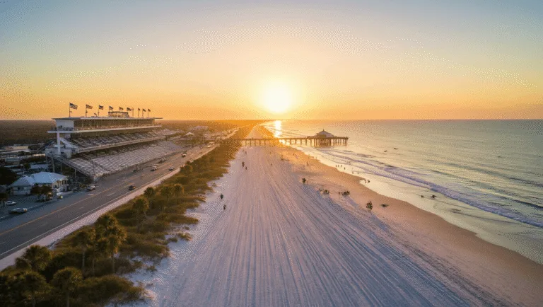 Daytona Beach in February: Your Ultimate Insider's Guide to Florida's Winter Playground "Aerial sunrise view of Daytona Beach with tire tracks on hard-packed sand, distant view of Daytona International Speedway, beachgoers and cyclists on the shoreline, dolphins in the water, Daytona Beach Pier and boardwalk, swaying palm trees, racing flags, and clear skies with wispy clouds."