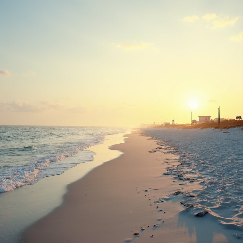 Panoramic view of Daytona Beach at sunrise with pink and orange skies reflecting on Atlantic Ocean, distant beachgoers, and palm trees lining the sandy shoreline