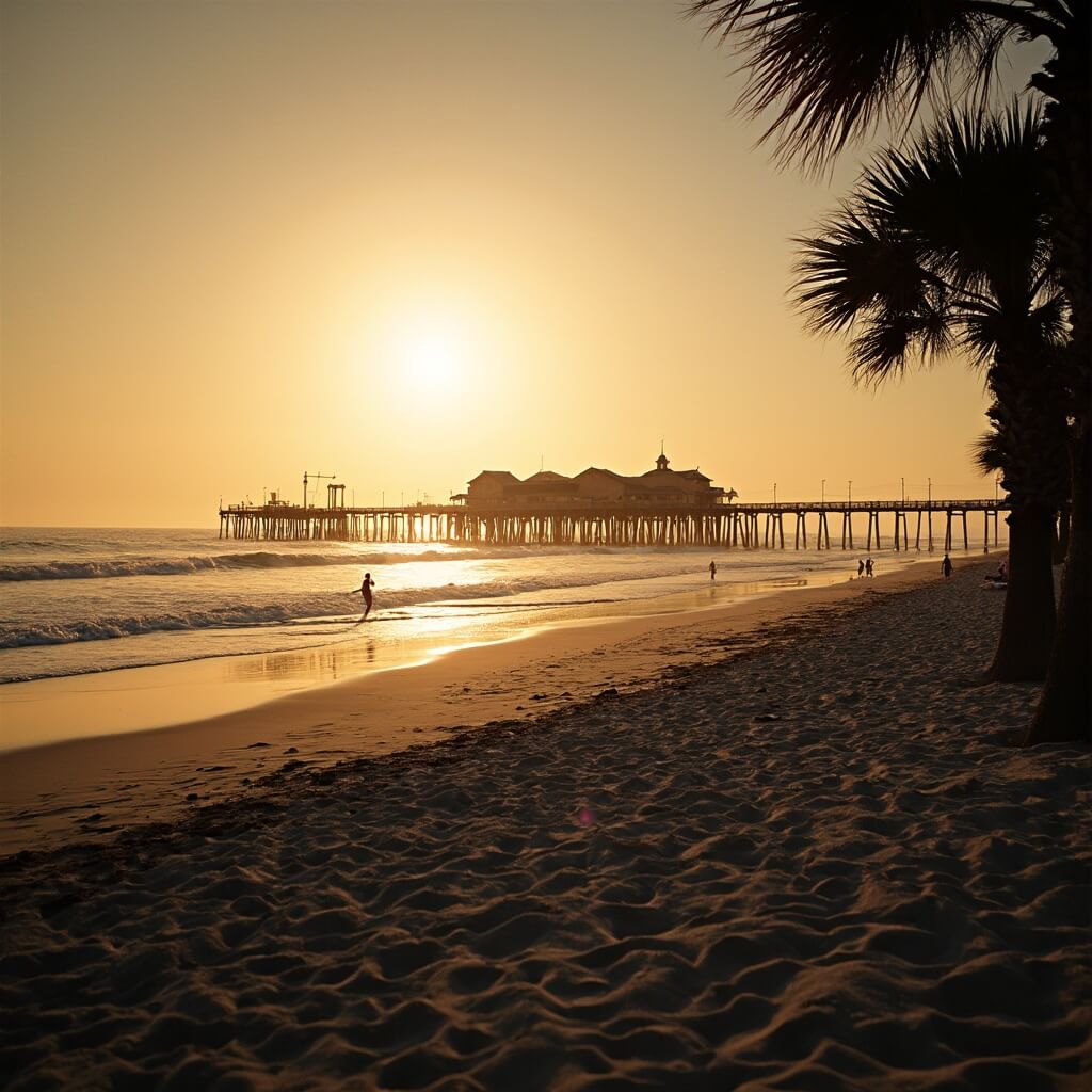 Daytona Beach at dawn with golden light, gentle waves, distant surfers, swaying palm trees, and long shadows from the iconic Pier