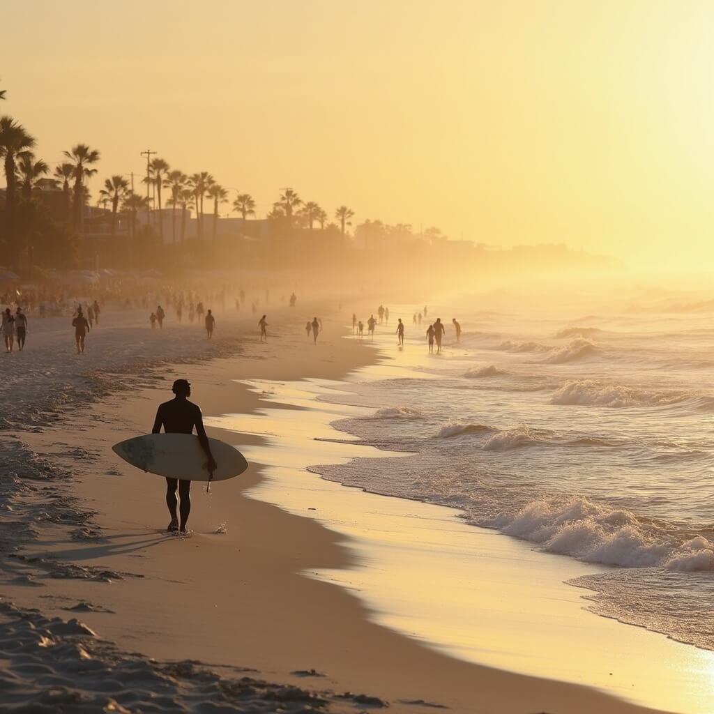 Daytona Beach in January: Your Ultimate Winter Escape Guide (Without the Winter Chills!) Surfer heading to the ocean on a near-empty Daytona Beach at sunrise with palm trees swaying in the breeze.