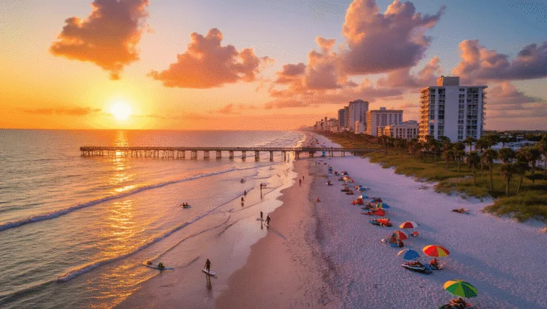 Daytona Beach in August: Your Sizzling Summer Paradise Decoded! "Aerial view of Daytona Beach at sunset featuring colorful umbrellas, palm trees, beachgoers enjoying water activities, the extended Daytona Beach Pier, the city skyline and a colorful sky with orange and pink hues."