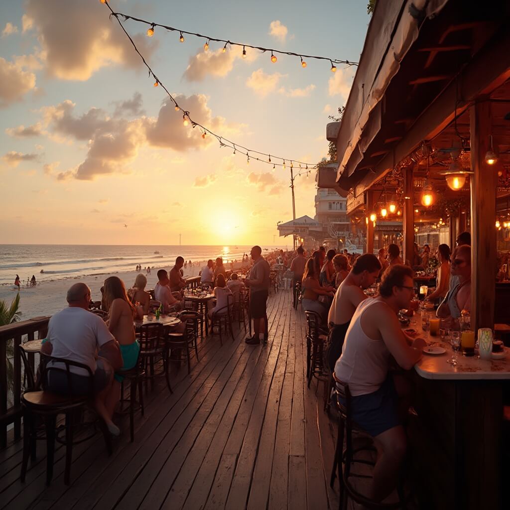 Why Daytona Beach in September is Your Secret Paradise (Without the Summer Crowds) Panoramic view of a cozy oceanfront bar in Daytona Beach at sunset, featuring a wooden deck, craft cocktails, and a distant ocean view in a relaxed Florida coastal atmosphere