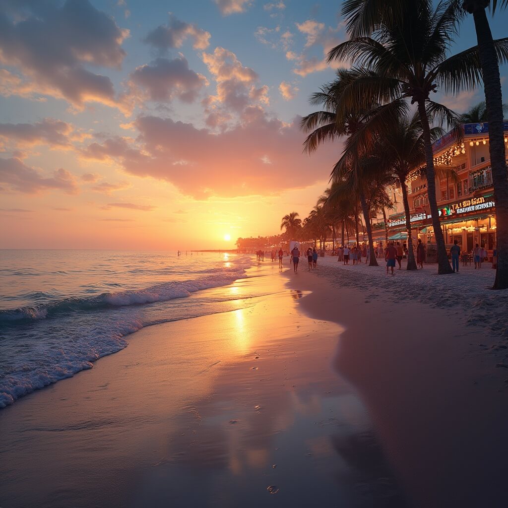 Daytona Beach at sunset with palm tree silhouettes, twinkling holiday lights on the boardwalk, and beachgoers strolling along the shoreline