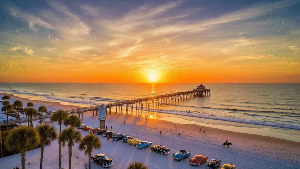 Why Daytona Beach in November is Your Secret Escape (Without the Summer Crowds) "Panoramic view of Daytona Beach at sunset in November, featuring an almost vacant shoreline, swaying palm trees, Daytona Beach Pier, classic cars from Turkey Run, scattered beach walkers and horseback riders, and a temperature sign reading 75°F on a beachfront hotel, with fall festival banners along the boardwalk."