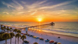 Why Daytona Beach in November is Your Secret Escape (Without the Summer Crowds) "Panoramic view of Daytona Beach at sunset in November, featuring an almost vacant shoreline, swaying palm trees, Daytona Beach Pier, classic cars from Turkey Run, scattered beach walkers and horseback riders, and a temperature sign reading 75°F on a beachfront hotel, with fall festival banners along the boardwalk."