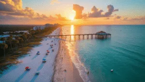 Why Daytona Beach in September is Your Secret Paradise (Without the Summer Crowds) "Aerial drone shot of Daytona Beach at sunset in September, featuring sparse beachgoers, swaying palm trees, the Daytona Beach Pier, distant boats, and dramatic clouds."