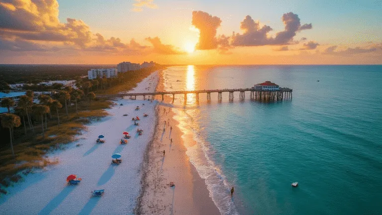 Why Daytona Beach in September is Your Secret Paradise (Without the Summer Crowds) "Aerial drone shot of Daytona Beach at sunset in September, featuring sparse beachgoers, swaying palm trees, the Daytona Beach Pier, distant boats, and dramatic clouds."
