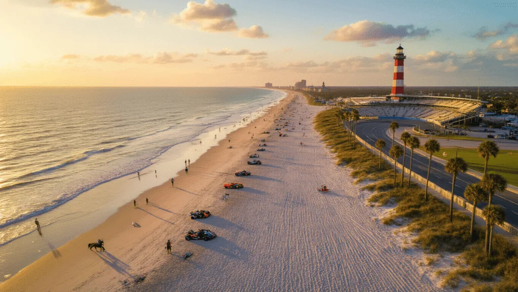 Daytona Beach in January: Your Ultimate Winter Escape Guide (Without the Winter Chills!) "Aerial drone view of Daytona Beach in January at golden hour featuring scattered beachgoers, surfers, hard-packed sand, the Daytona International Speedway, swaying palm trees, beach-riding horses and the Ponce de Leon Lighthouse in the distance, under clear blue skies."