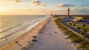 Daytona Beach in January: Your Ultimate Winter Escape Guide (Without the Winter Chills!) "Aerial drone view of Daytona Beach in January at golden hour featuring scattered beachgoers, surfers, hard-packed sand, the Daytona International Speedway, swaying palm trees, beach-riding horses and the Ponce de Leon Lighthouse in the distance, under clear blue skies."