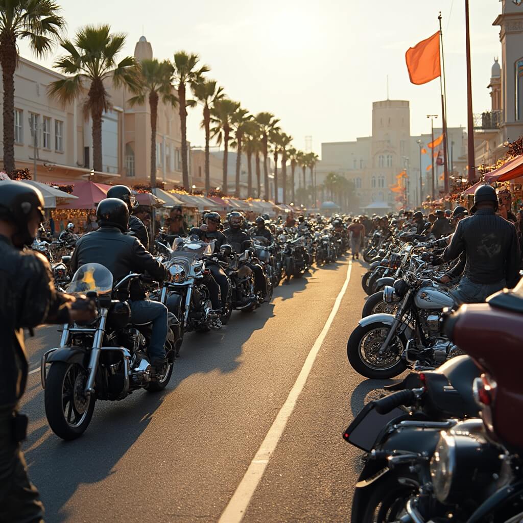 Daytona Beach in October: Your Ultimate Guide to a Perfect Florida Getaway Biketoberfest event in Daytona Beach showing motorcycles lined up, riders in leather jackets, vendor stalls selling gear, palm trees, art deco-style buildings, and afternoon light creating a warm glow on the scene.