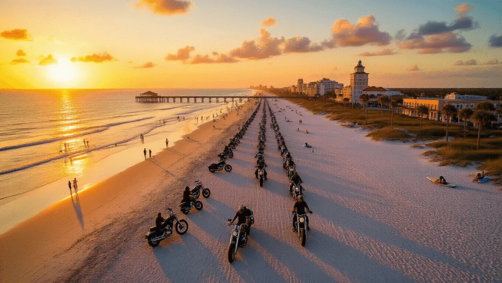 "Aerial view of Daytona Beach at sunset during Biketoberfest, with motorcycles lined up on the beach, small crowds on the sand, palm trees, and the historical pier in the background, captured on a Canon EOS R5"
