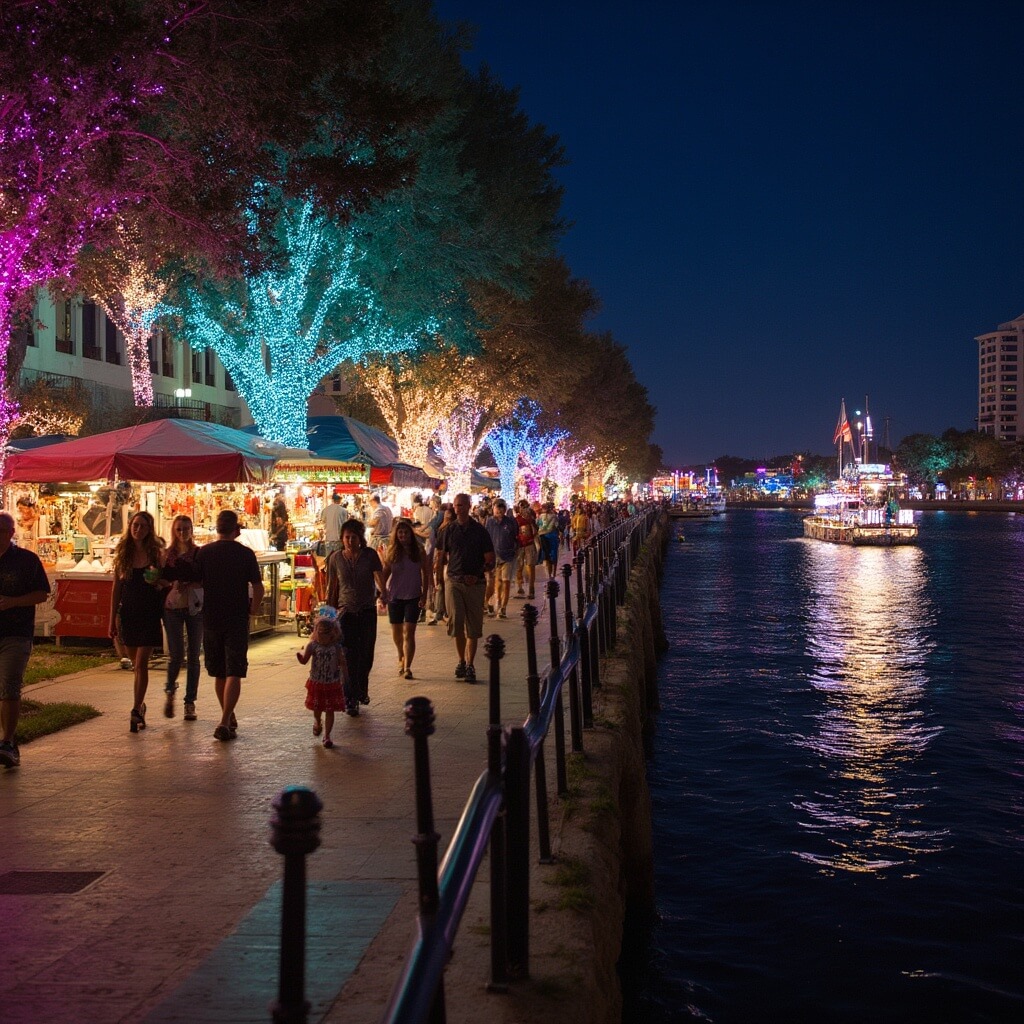 Why Daytona Beach is Your Secret Winter Escape (That Most Tourists Don't Know About) Festive Christmas lights illuminating Riverfront Esplanade in Daytona Beach with families and couples strolling, decorated boat in Christmas Parade floating in distance, and holiday market stalls along the walkway.
