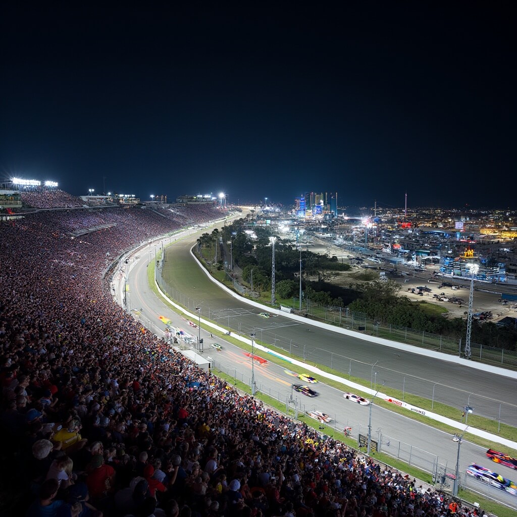 Daytona Beach in January: Your Ultimate Winter Escape Guide (Without the Winter Chills!) Aerial view of the Daytona International Speedway at night during the Rolex 24 race, with brightly lit track, colorful speed cars leaving light trails, full grandstands, and Daytona Beach skyline in the distance.