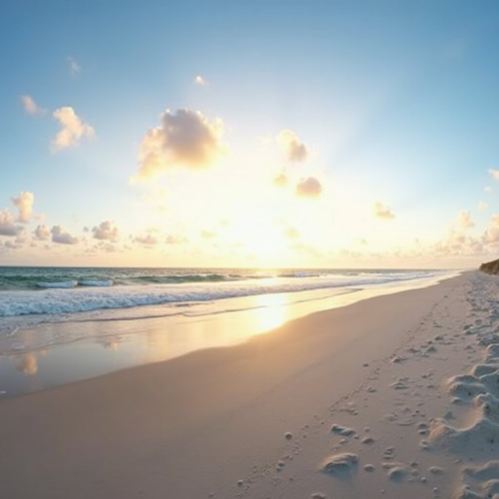 Why Daytona Beach in March is Your Ultimate Travel Hack Panoramic sunrise view of empty Daytona Beach with calm waves, soft pastel clouds, and golden light illuminating sandy shoreline, high resolution travel photography