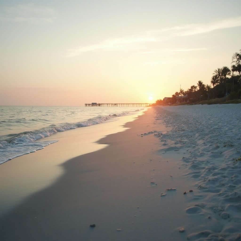 Daytona Beach in February: Your Ultimate Insider's Guide to Florida's Winter Playground Sunrise over Daytona Beach with empty sandy shoreline, calm ocean waves, distant pier, and a morning mist under a soft pastel sky