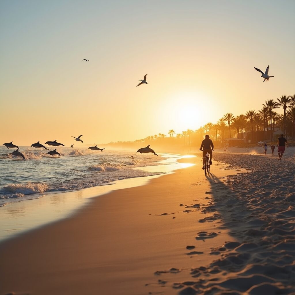 Lone cyclist riding on Daytona Beach at sunrise in February, with dolphins leaping in the nearby ocean, few people in the distance, palm trees in the background and seagulls in the clear sky.