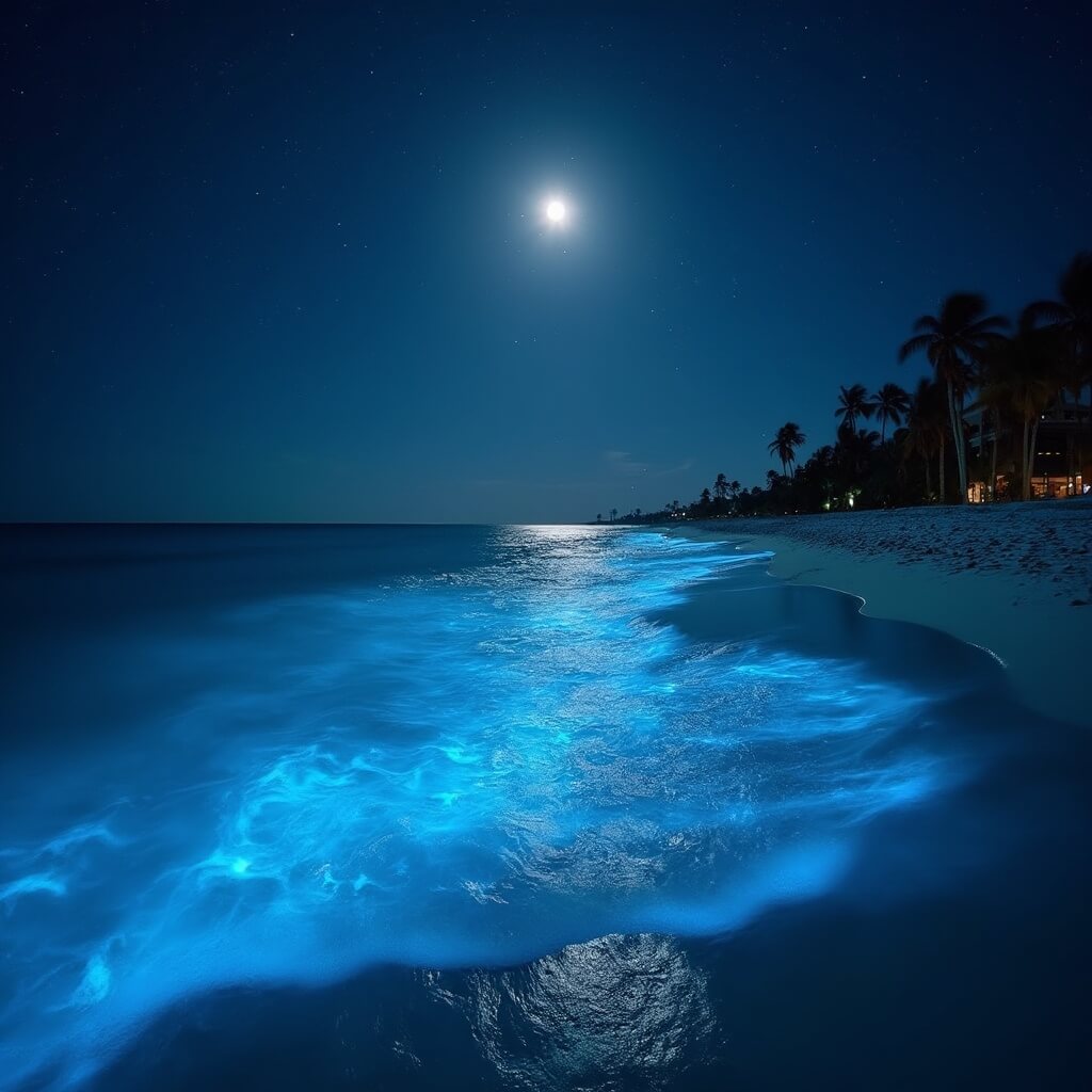 🏖️ Insider's Guide: Discover the Most Epic Fun Things to Do in Destin, Florida Bioluminescent waves glowing blue on Destin beach at night, under a star-filled moonlit sky with silhouettes of palm trees