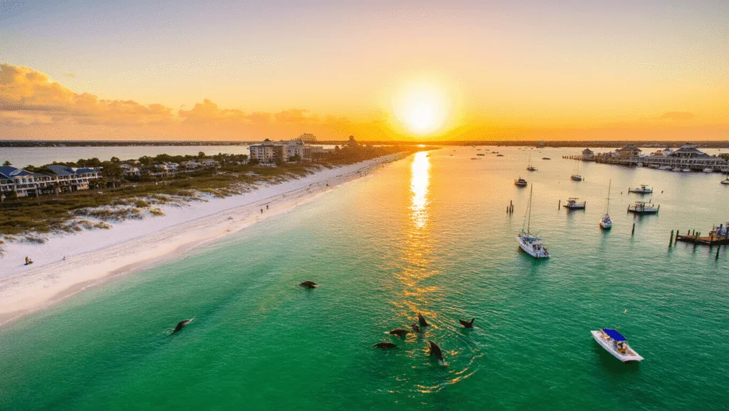 🏖️ Insider's Guide: Discover the Most Epic Fun Things to Do in Destin, Florida "Dramatic drone shot of Destin's coastline at sunset, showcasing emerald-green waters, pristine sandy beaches, Henderson Beach State Park's boardwalk, parasailers, dolphins, fishing boats, and HarborWalk Village with beachside activities and water sports."