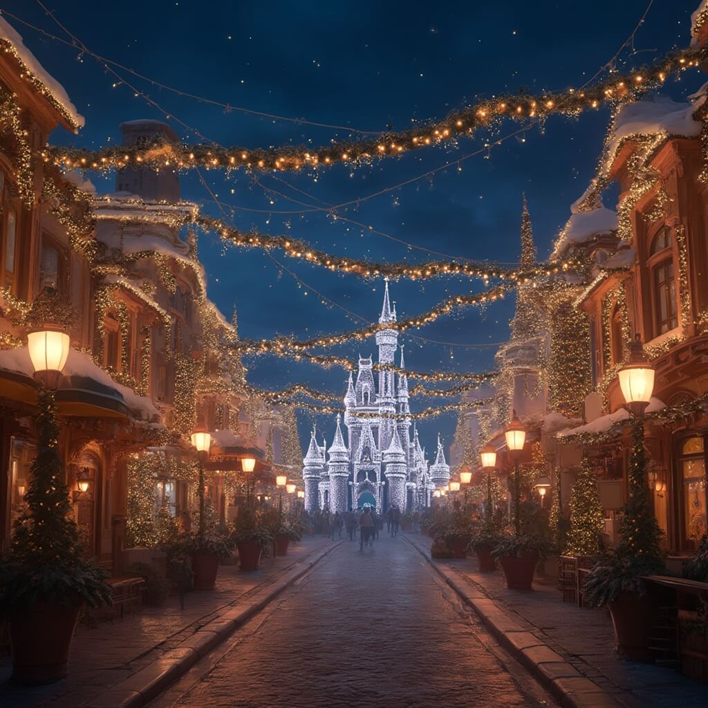 Why Orlando in November Will Be Your Most Epic Travel Adventure Yet Festive night scene at a Disney theme park with elaborate Christmas decorations, twinkling lights, Victorian-style lamp posts, and snow-like elements, creating a magical and warm ambiance in a hyper-detailed cinematic rendering.