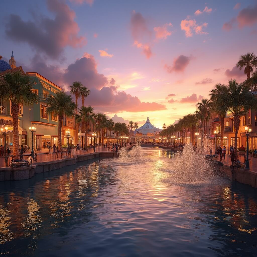 🔥 Why Orlando in August Will Shock Your Summer Travel Expectations 🌞 Disney Springs waterfront at sunset with golden light reflection, people on illuminated walkways, swaying palm trees, colorful storefronts, and water fountains in photorealistic style