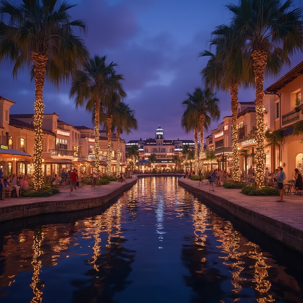 Why Orlando in March is Your Ultimate Spring Break Paradise Disney Springs illuminated at night with waterfront buildings, palm trees adorned with lights, street performers, neon restaurant signs, and a purple-blue twilight sky