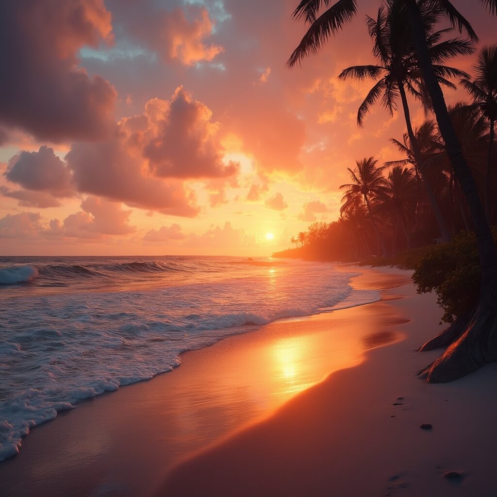 Why Orlando in July is the Ultimate Summer Destination (And Why You Might Want to Reconsider) Dramatic sunset at Cocoa Beach, Florida with intense orange-pink sky, clear ocean waves, silhouetted palm trees and sunset reflection on wet sand