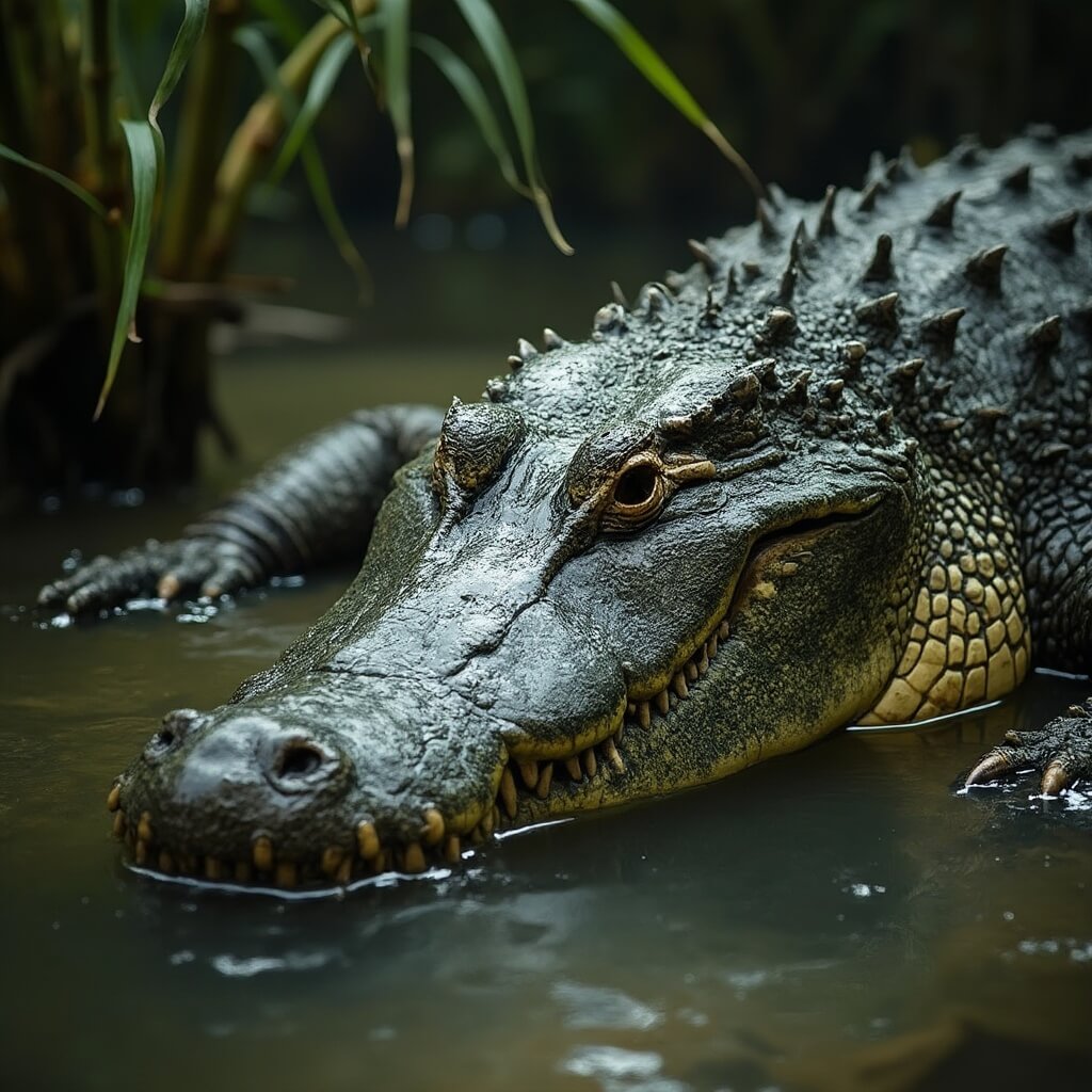 Ultimate Orlando Adventures: 8 Mind-Blowing Experiences You Can't Miss in 2025! Dramatic close-up of a large alligator half-submerged in swamp water at Gatorland, highlighting its scaled texture and the dense Florida wetlands, captured in intense natural lighting.