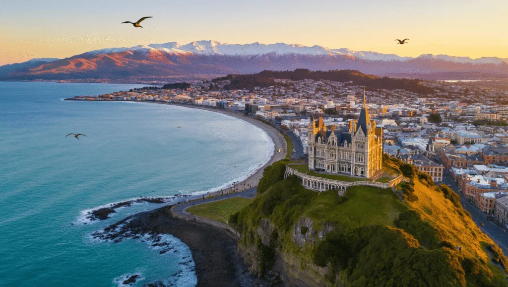 Dunedin: Your Ultimate Adventure Playground in New Zealand's South Island "Aerial panoramic view of Dunedin, New Zealand featuring Larnach Castle, Otago Peninsula coastline, city center's Victorian architecture, Dunedin Railway Station, Baldwin Street, and local wildlife at golden hour in 4K quality"