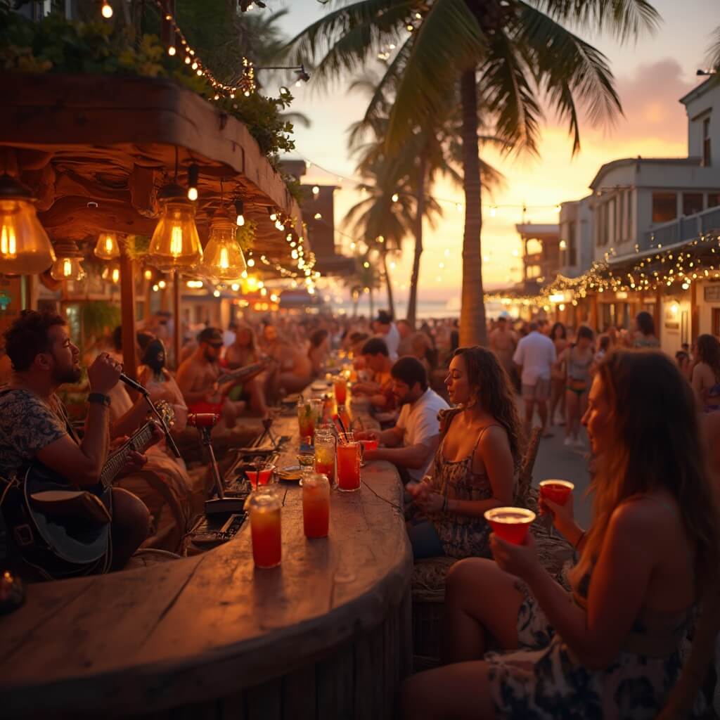 Key West in May: Your Ultimate Paradise Escape Guide Live music band performing at a vibrant open-air bar on Duval Street during sunset, with colorful tropical cocktails, diverse crowd, palm trees, and warm golden hour lighting.