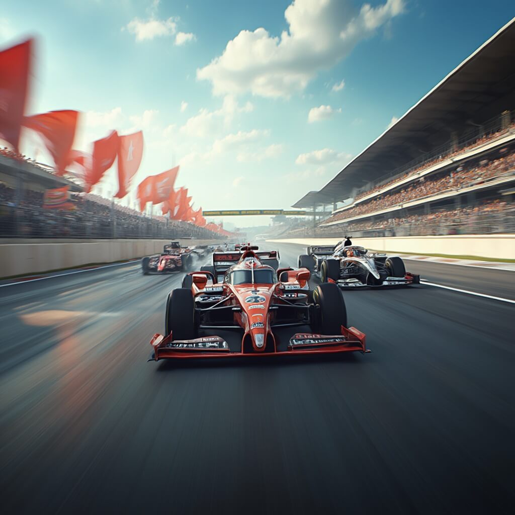 Daytona Beach in February: Your Ultimate Insider's Guide to Florida's Winter Playground Professional racing cars in a dynamic motorsport scene on racing track with vibrant flags and blurred motion indicating high speed, showcasing intense competition and precision engineering, with no spectators visible.