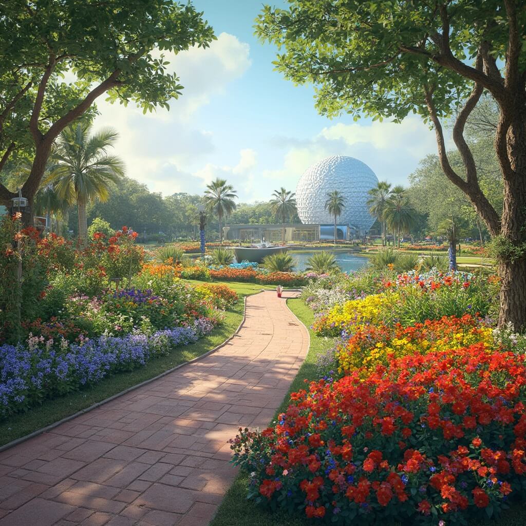 Why Orlando in April Will Be Your Best Travel Decision Yet Blooming spring flowers in colorful flower beds at Epcot International Flower & Garden Festival with lush green pathways and theme park architecture in the background, Florida