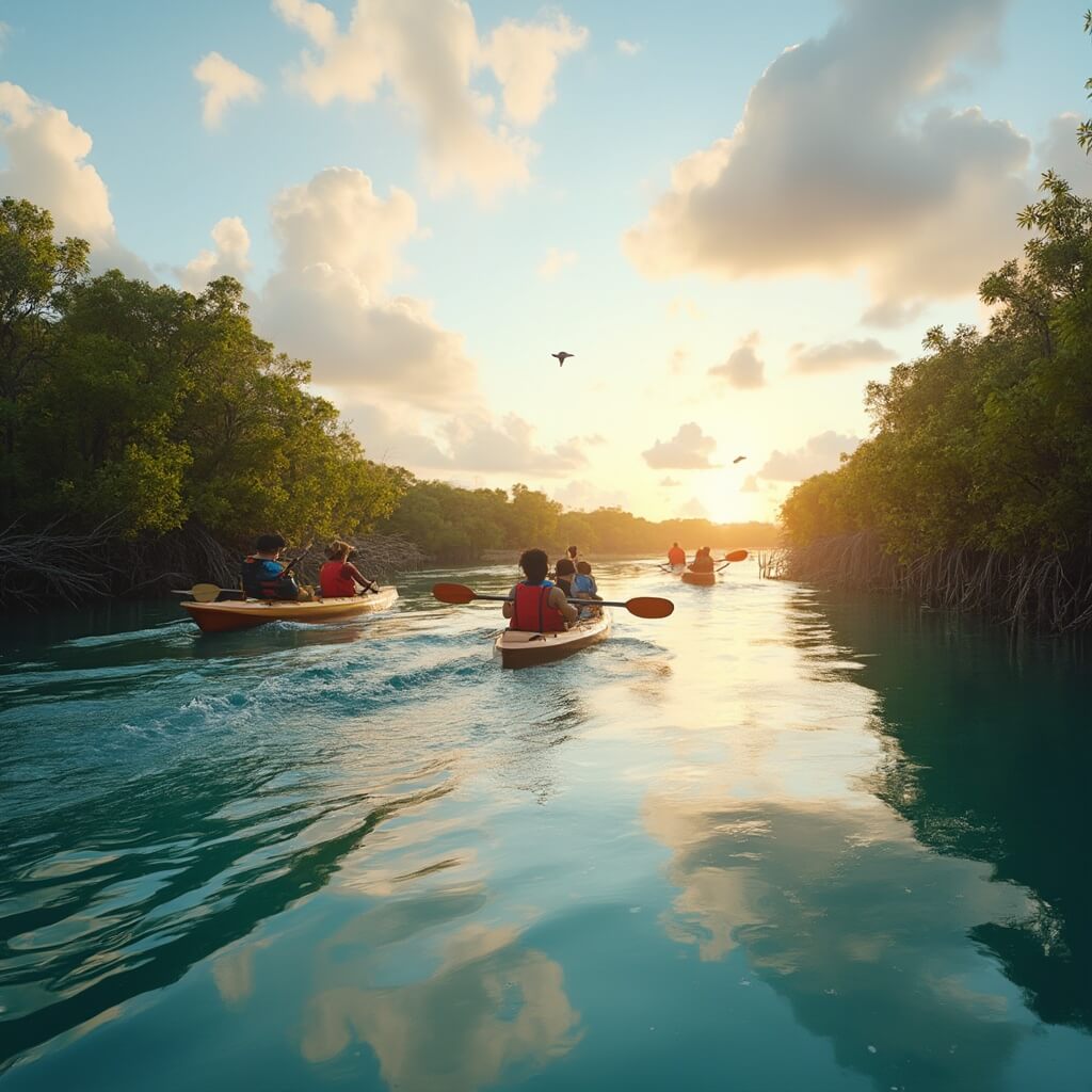 Daytona Beach in October: Your Ultimate Guide to a Perfect Florida Getaway Group of kayakers navigating calm waters in Central Florida with playful dolphins, lush green mangroves, and autumn light reflected in the clear water